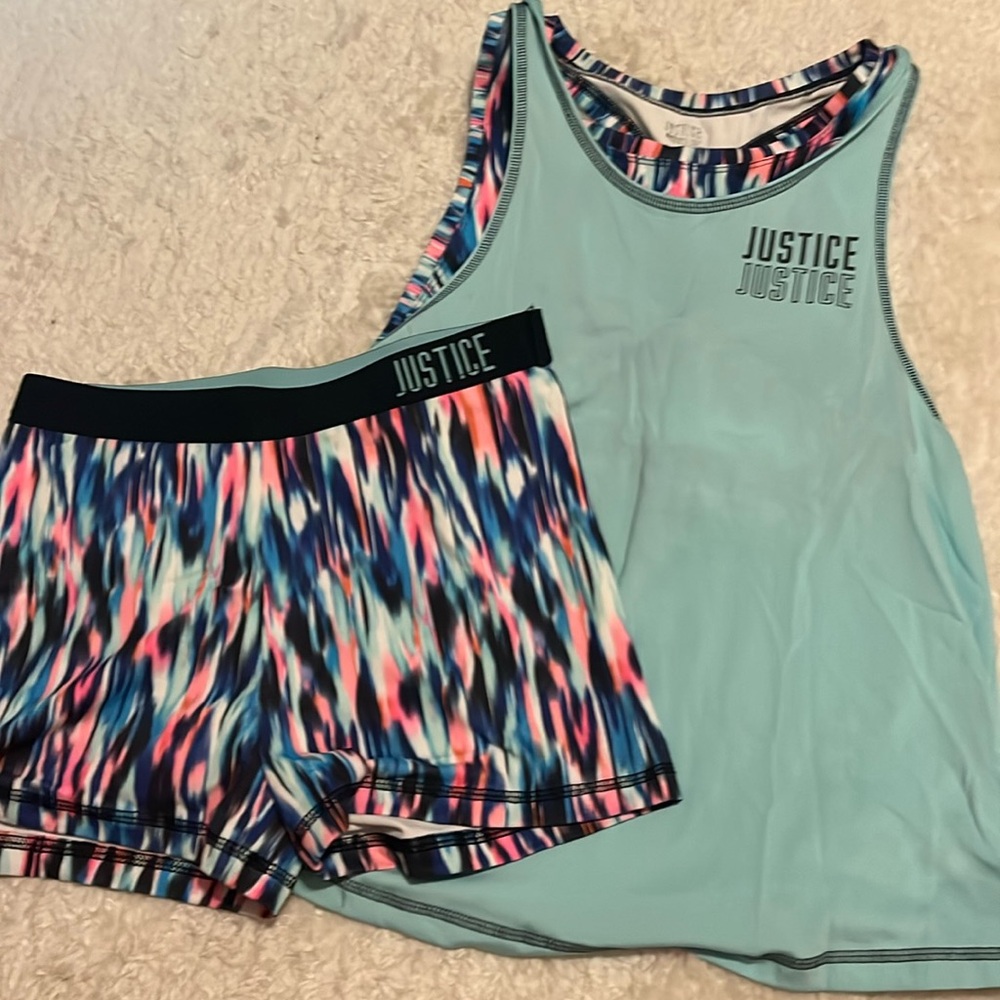 Justice teal activewear set. Tank-top with attached sports bra, shorts! Size: 16